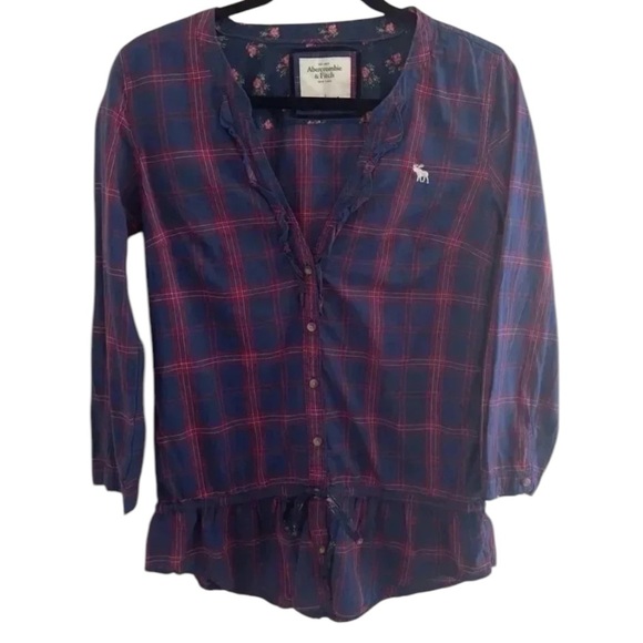 Y2K Abercrombie & Fitch Blue Plaid Small Women Long Sleeve Button Up Peplum Top - Picture 1 of 11